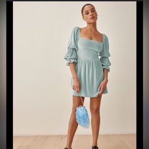 NWT Reformation Albi Silk Velvet Mini Dress in Turquoise